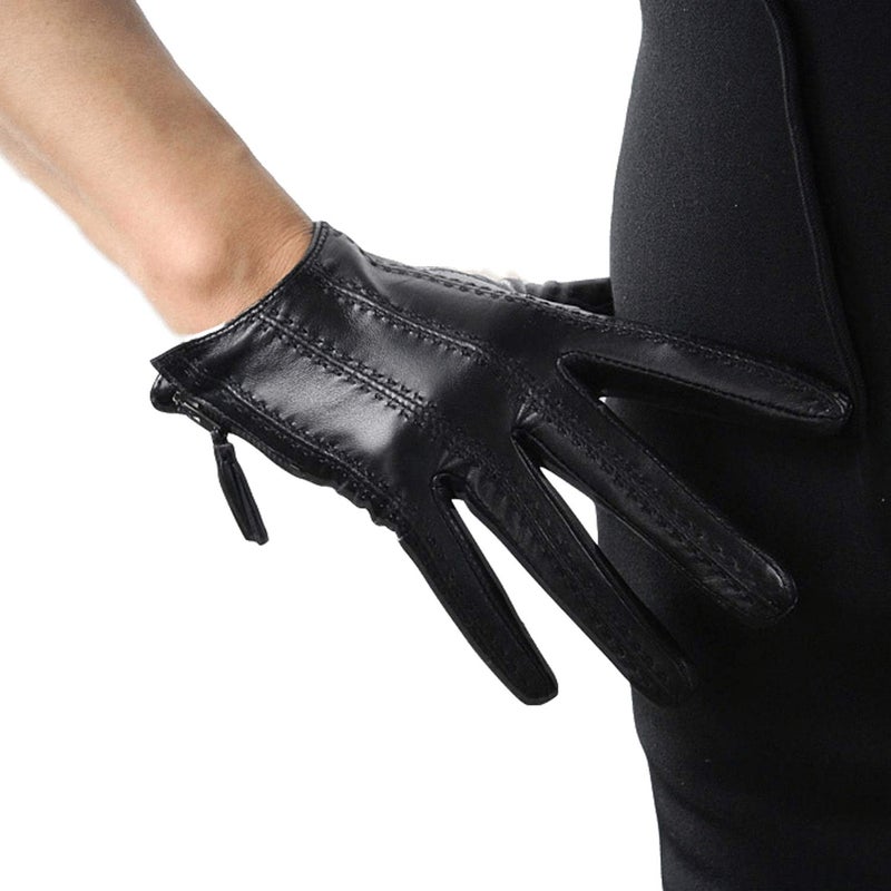 DooWay Short Black Touchscreen Real Leather Gloves, Imported Goatskin Leather Tassel Zipper Unique Pop Finger Gloves, size S - Image 1